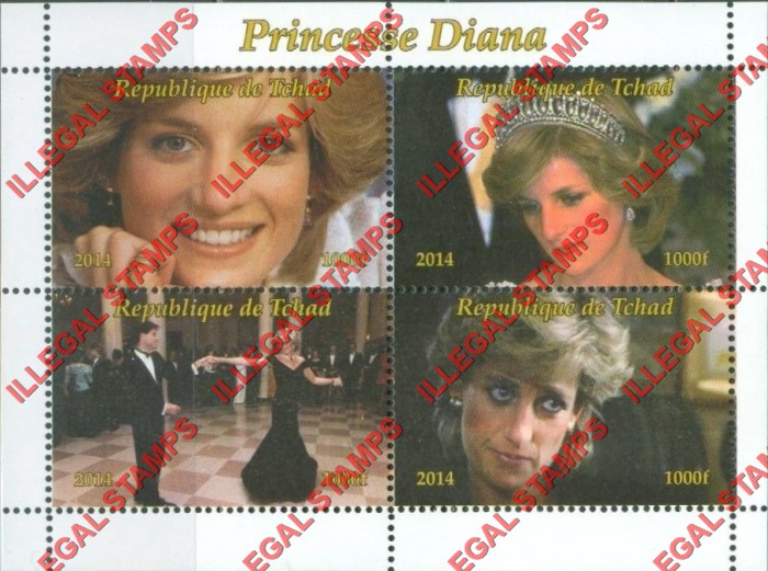 Chad 2014 Princess Diana Illegal Stamps in Souvenir Sheet of 4