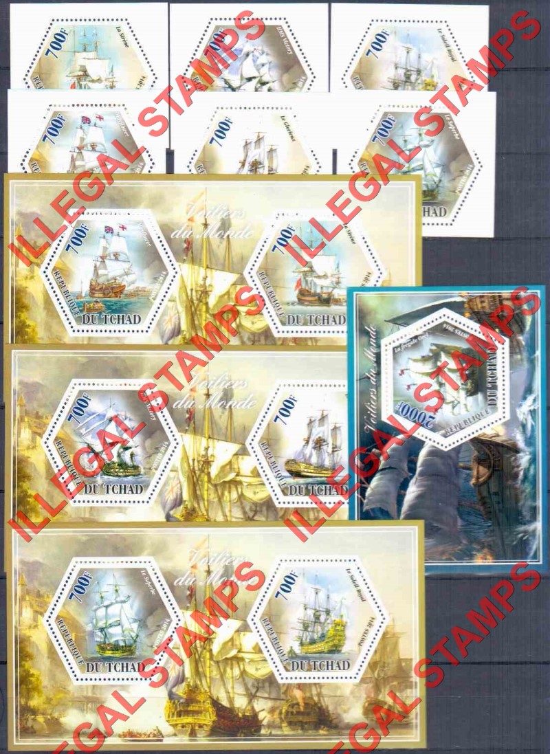 Chad 2014 Sailing Ships Illegal Hexagon Stamps in Souvenir Sheets of 2 and 1 and Deluxe Souvenir Sheets of 1