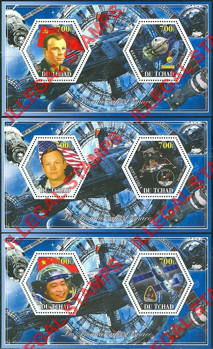 Chad 2014 Space Pioneers Illegal Hexagon Stamps in Souvenir Sheets of 2