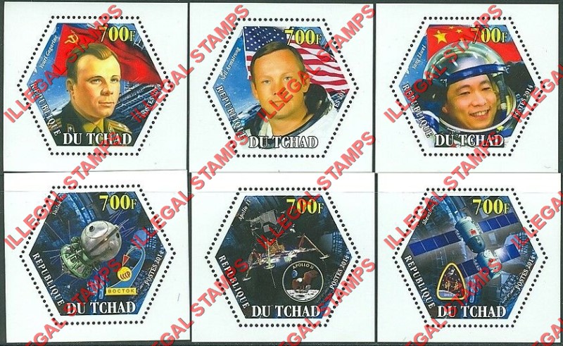 Chad 2014 Space Pioneers Illegal Hexagon Stamps in Deluxe Souvenir Sheets of 1