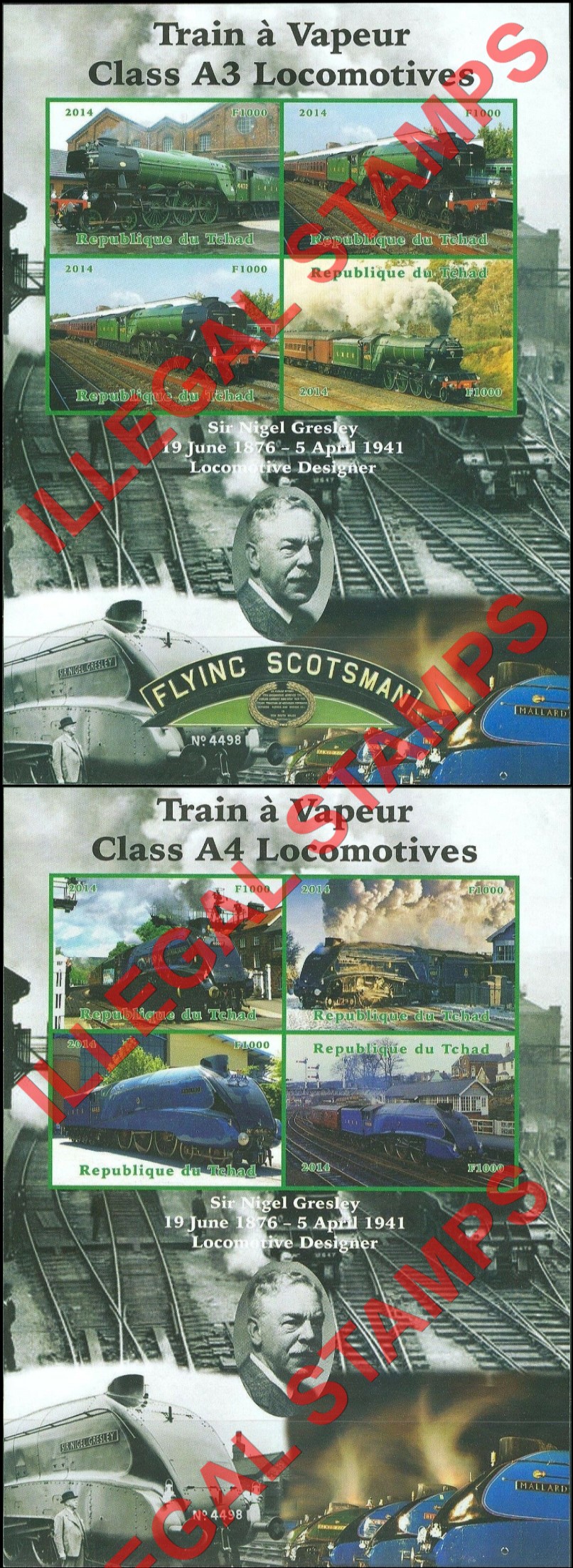 Chad 2014 Steam Locomotives Illegal Stamps in Large Souvenir Sheets of 4