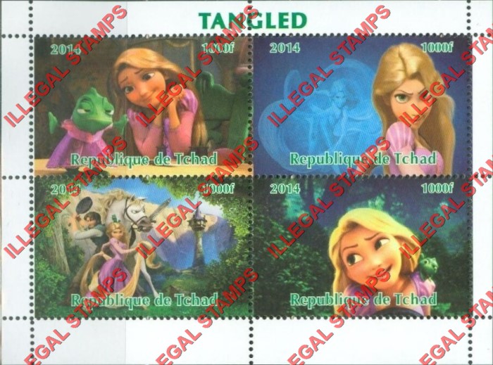 Chad 2014 Tangled Illegal Stamps in Souvenir Sheet of 4