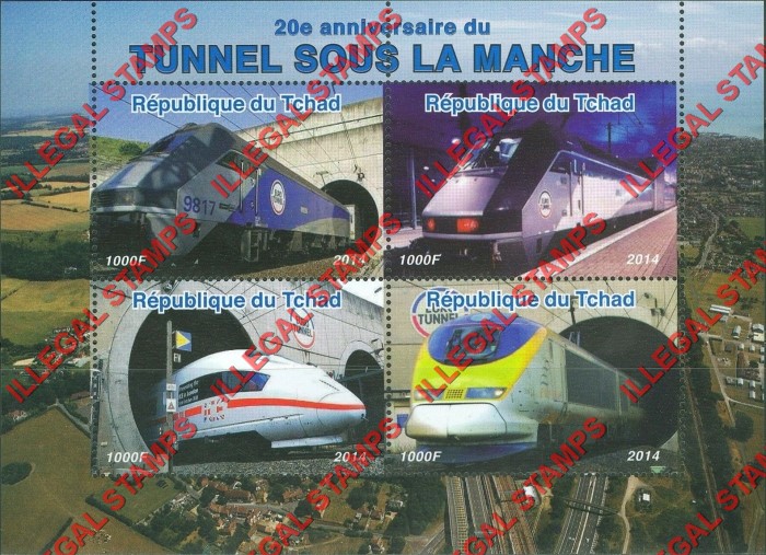 Chad 2014 Trains Channel Tunnel Illegal Stamps in Souvenir Sheet of 4