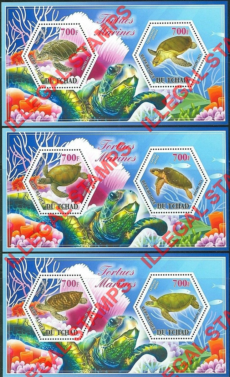 Chad 2014 Turtles Illegal Hexagon Stamps in Souvenir Sheets of 2