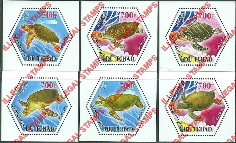 Chad 2014 Turtles Illegal Hexagon Stamps in Deluxe Souvenir Sheets of 1