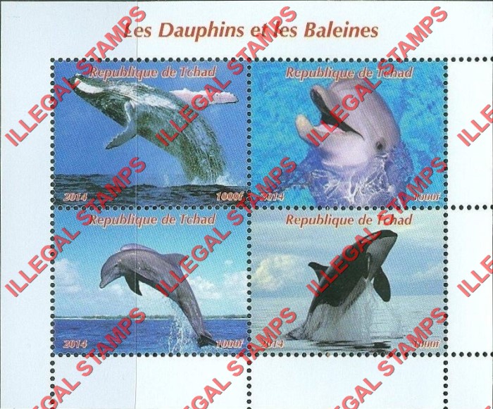 Chad 2014 Whales and Dolphins Illegal Stamps in Souvenir Sheet of 4