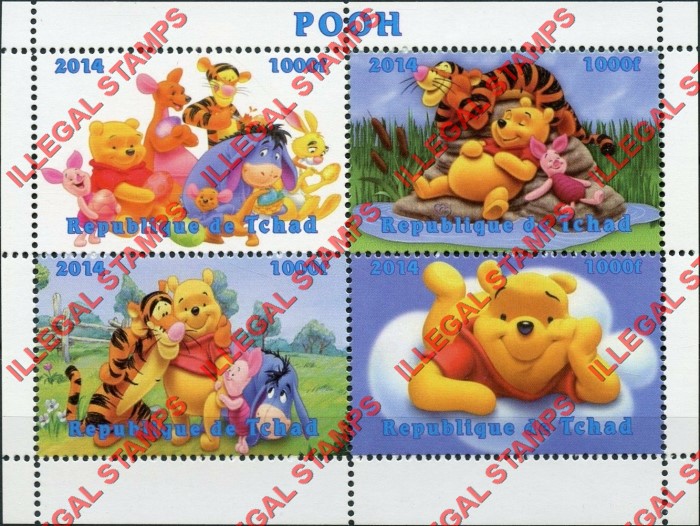 Chad 2014 Winnie the Pooh Illegal Stamps in Souvenir Sheet of 4