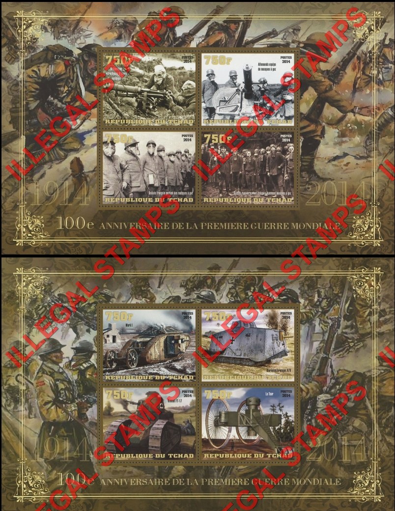 Chad 2014 World War I Centenary Illegal Stamps in Souvenir Sheets of 4