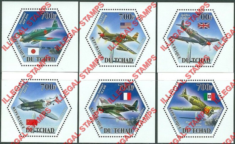Chad 2014 World War II Airplanes Illegal Hexagon Stamps in Deluxe Souvenir Sheets of 1