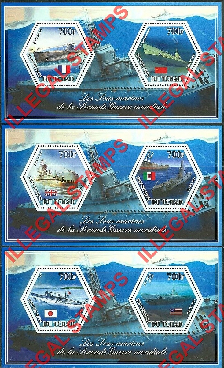 Chad 2014 World War II Submarines Illegal Hexagon Stamps in Souvenir Sheets of 2