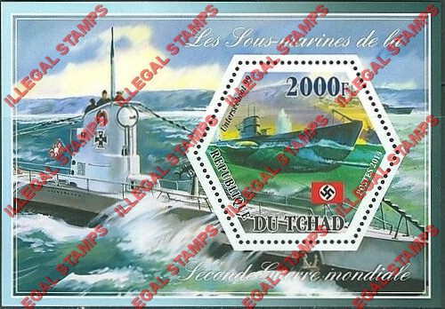 Chad 2014 World War II Submarines Illegal Hexagon Stamps in Souvenir Sheet of 1