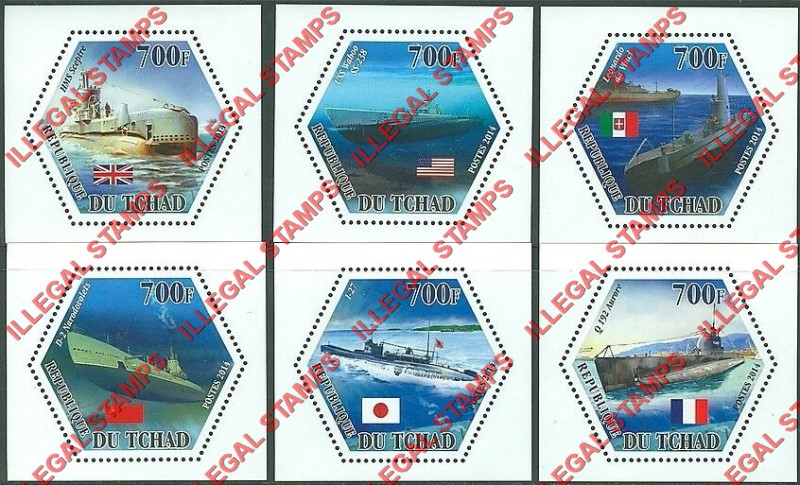 Chad 2014 World War II Submarines Illegal Hexagon Stamps in Deluxe Souvenir Sheets of 1