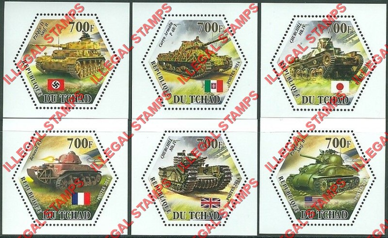 Chad 2014 World War II Tanks Illegal Hexagon Stamps in Deluxe Souvenir Sheets of 1