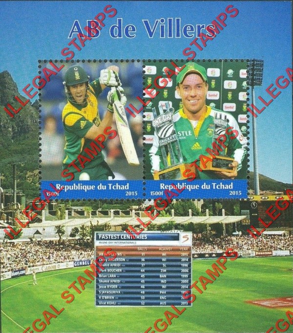 Chad 2015 AB de Villers Cricket Player Illegal Stamps in Souvenir Sheet of 2