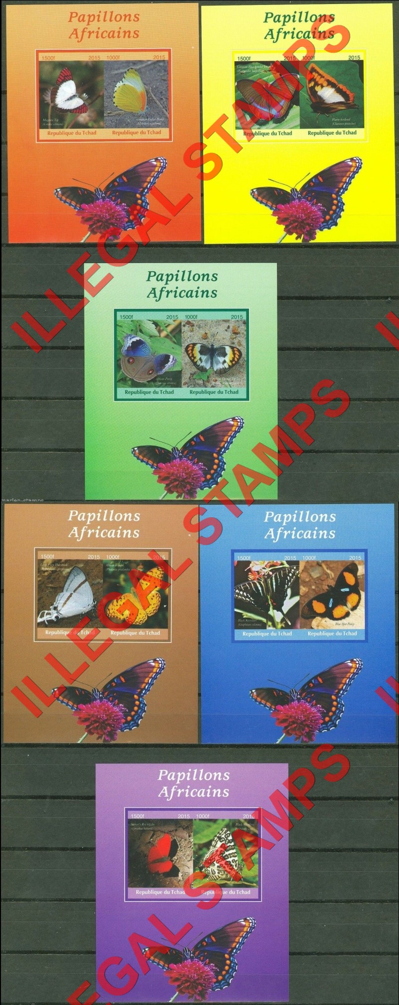 Chad 2015 African Butterflies Illegal Stamps in Souvenir Sheets of 2