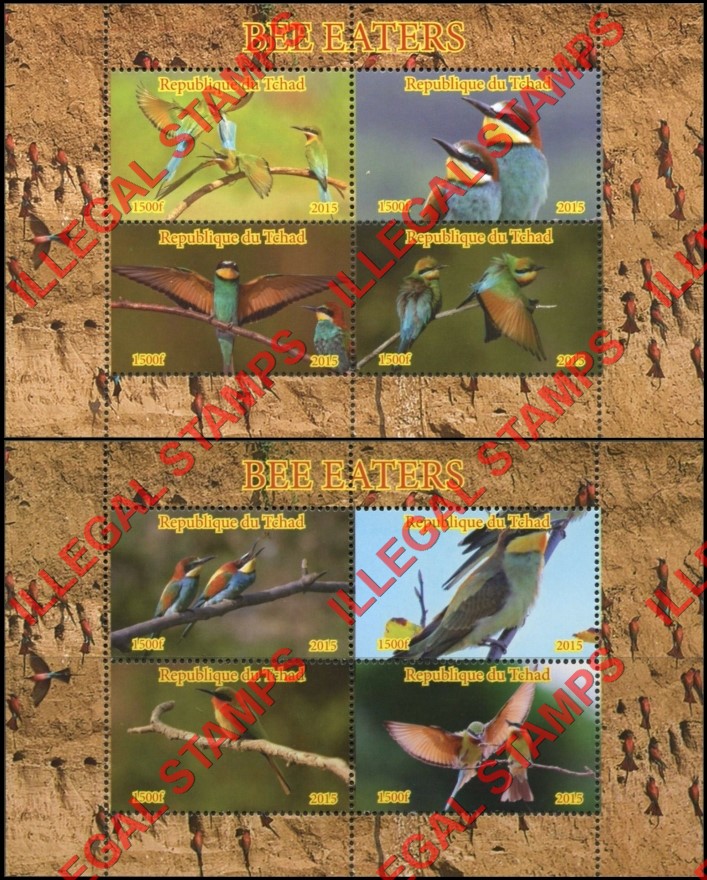 Chad 2015 Bee Eaters Birds Illegal Stamps in Souvenir Sheets of 4