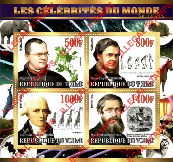 Chad 2015 Celebrities Naturalists Illegal Stamps in Souvenir Sheet of 4