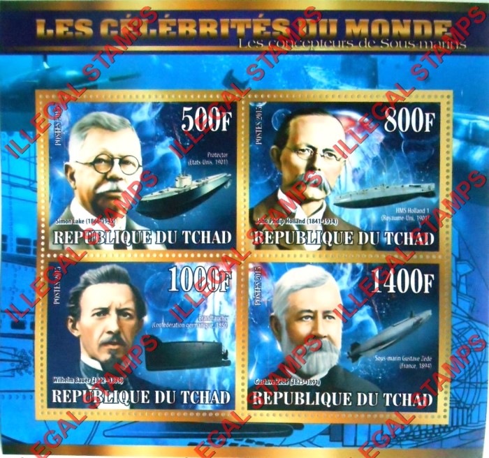 Chad 2015 Celebrities Submarine Constructors Illegal Stamps in Souvenir Sheet of 4