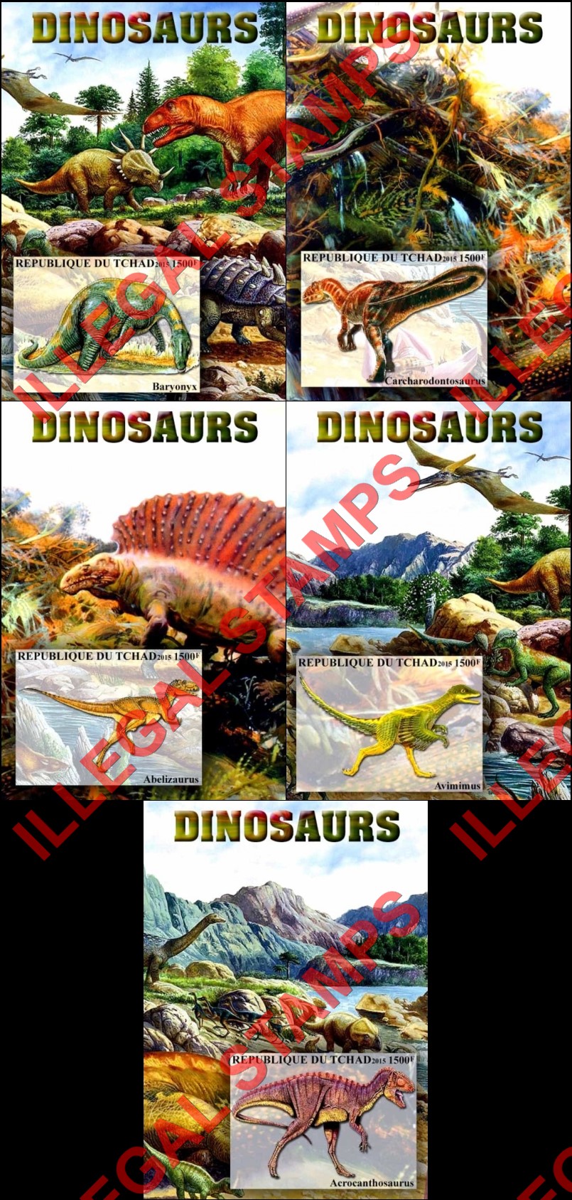 Chad 2015 Dinosaurs Illegal Stamps in Souvenir Sheets of 1