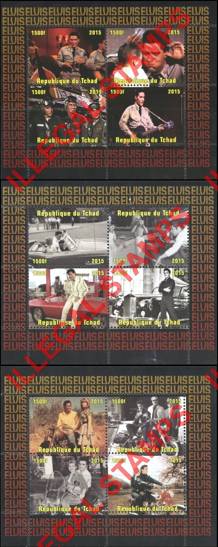 Chad 2015 Elvis Presley Illegal Stamps in Souvenir Sheets of 4 (Part 1)