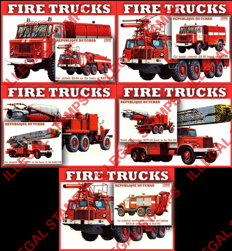 Chad 2015 Fire Trucks Illegal Stamps in Souvenir Sheets of 1
