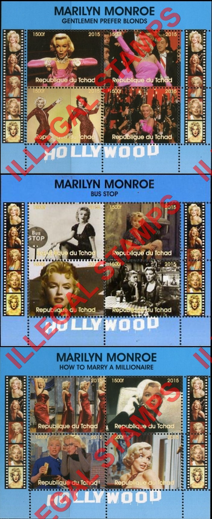Chad 2015 Marilyn Monroe Illegal Stamps in Souvenir Sheets of 4 (Part 1)