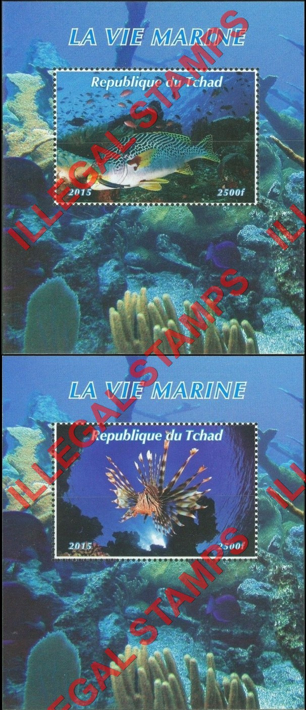 Chad 2015 Marine Life Illegal Stamps in Souvenir Sheets of 1