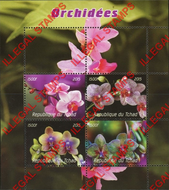 Chad 2015 Orchids Illegal Stamps in Large Souvenir Sheet of 4