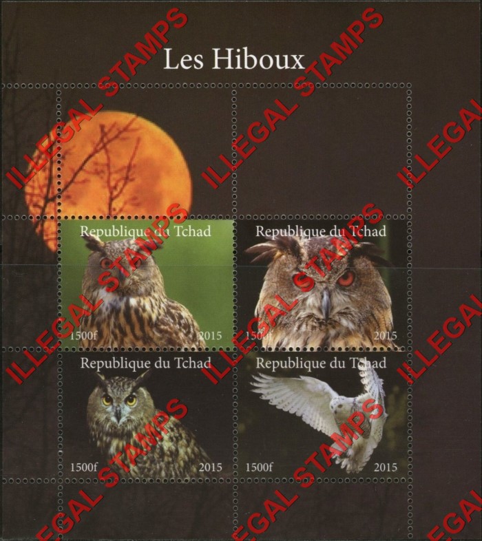 Chad 2015 Owls Illegal Stamps in Large Souvenir Sheet of 4