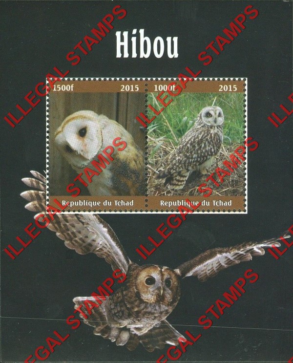 Chad 2015 Owls Illegal Stamps in Souvenir Sheet of 2