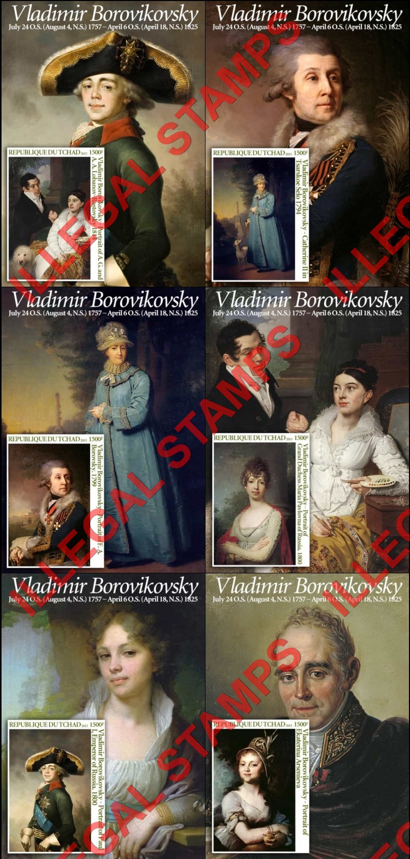 Chad 2015 Paintings by Vladimir Borovikovsky Illegal Stamps in Souvenir Sheets of 1