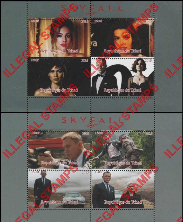 Chad 2015 Skyfall James Bond Illegal Stamps in Souvenir Sheets of 4 (Part 1)