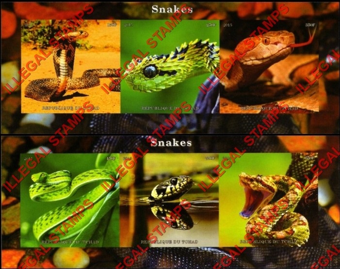 Chad 2015 Snakes Illegal Stamps in Souvenir Sheets of 3