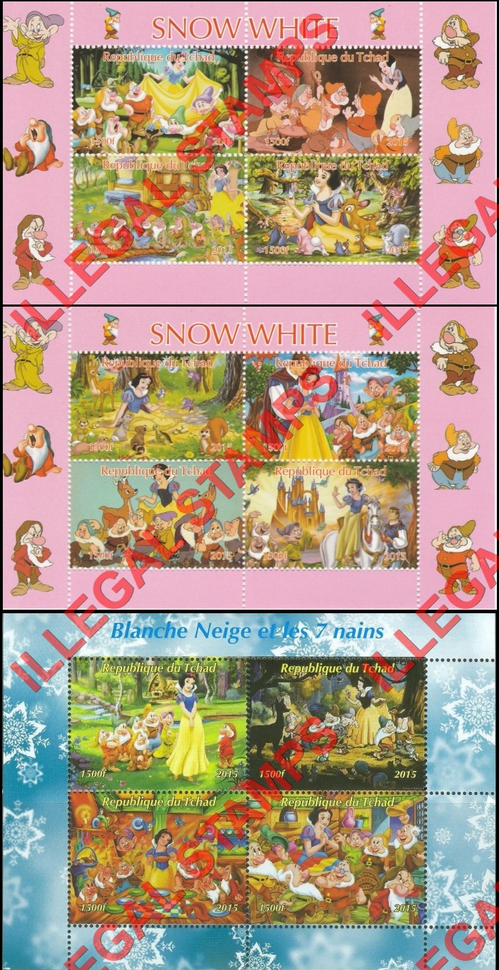Chad 2015 Snow White Illegal Stamps in Souvenir Sheets of 4