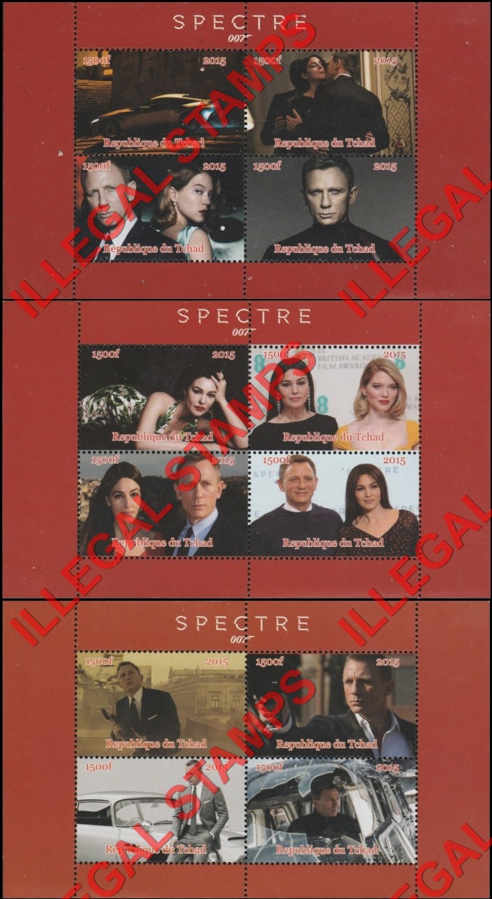 Chad 2015 Spectre James Bond Illegal Stamps in Souvenir Sheets of 4