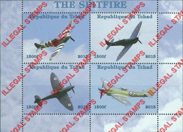 Chad 2015 Spitfire Fighter Planes Illegal Stamps in Souvenir Sheet of 4