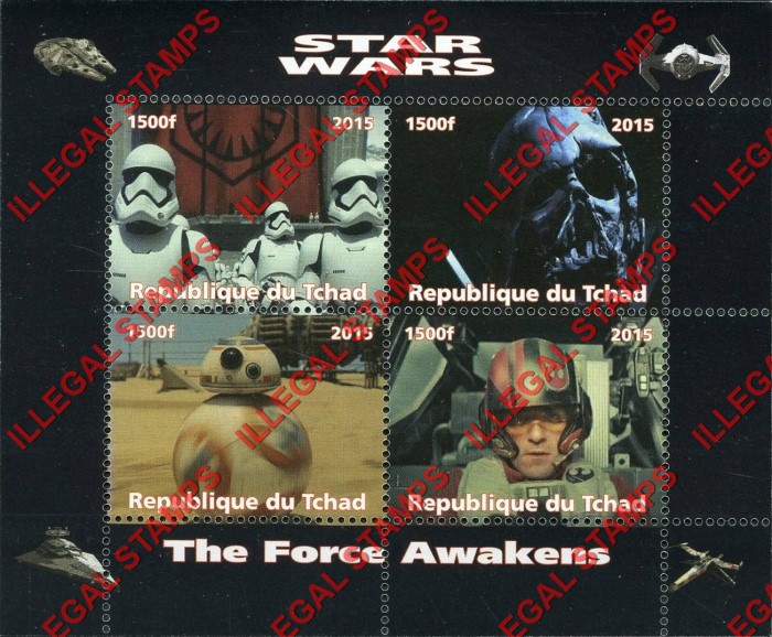 Chad 2015 Star Wars The Force Awakens Illegal Stamps in Souvenir Sheet of 4