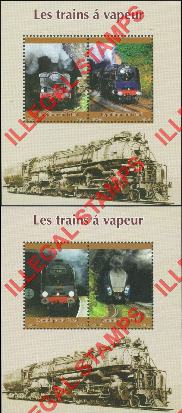 Chad 2015 Steam Trains Illegal Stamps in Souvenir Sheets of 2