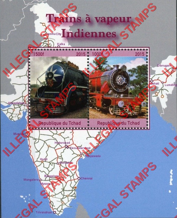Chad 2015 Steam Trains of India Illegal Stamps in Souvenir Sheet of 2