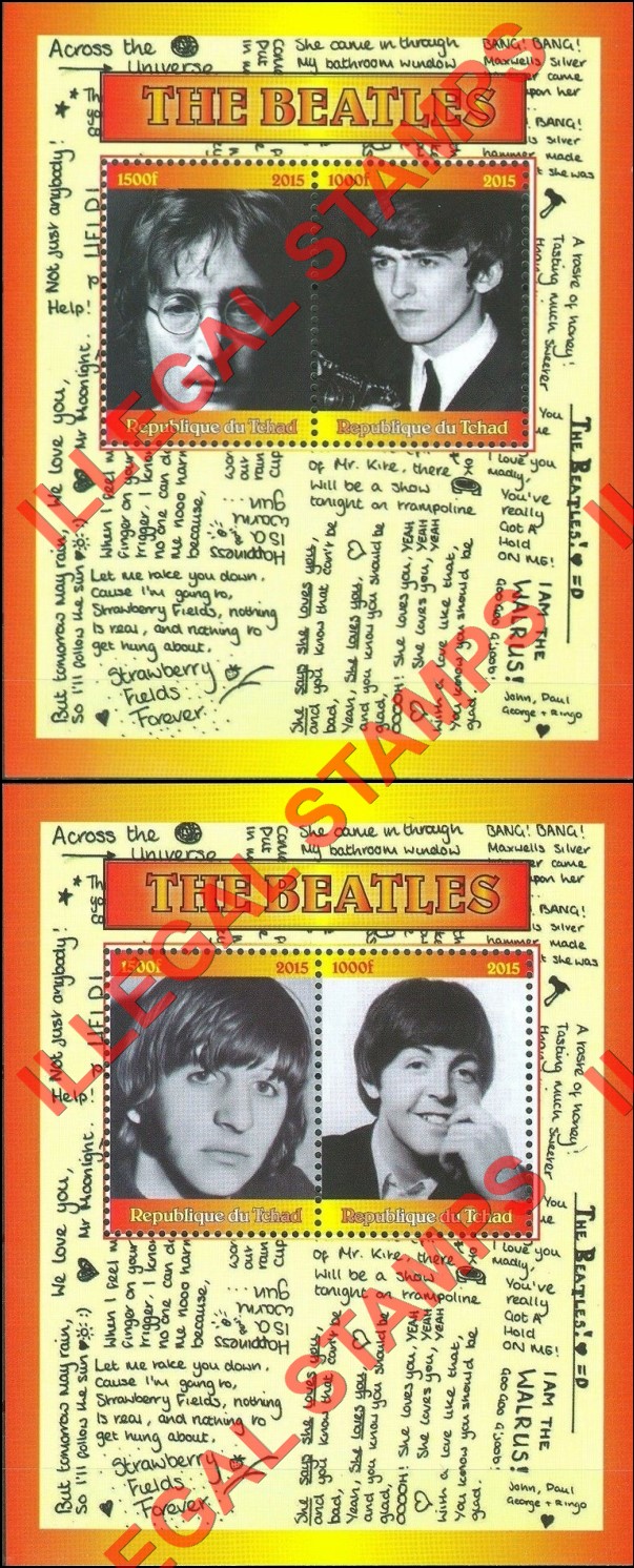 Chad 2015 The Beatles Illegal Stamps in Souvenir Sheets of 2