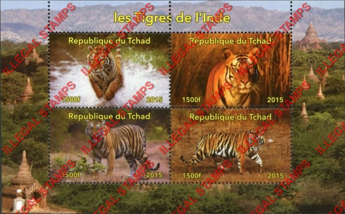 Chad 2015 Tigers in India Illegal Stamps in Souvenir Sheet of 4