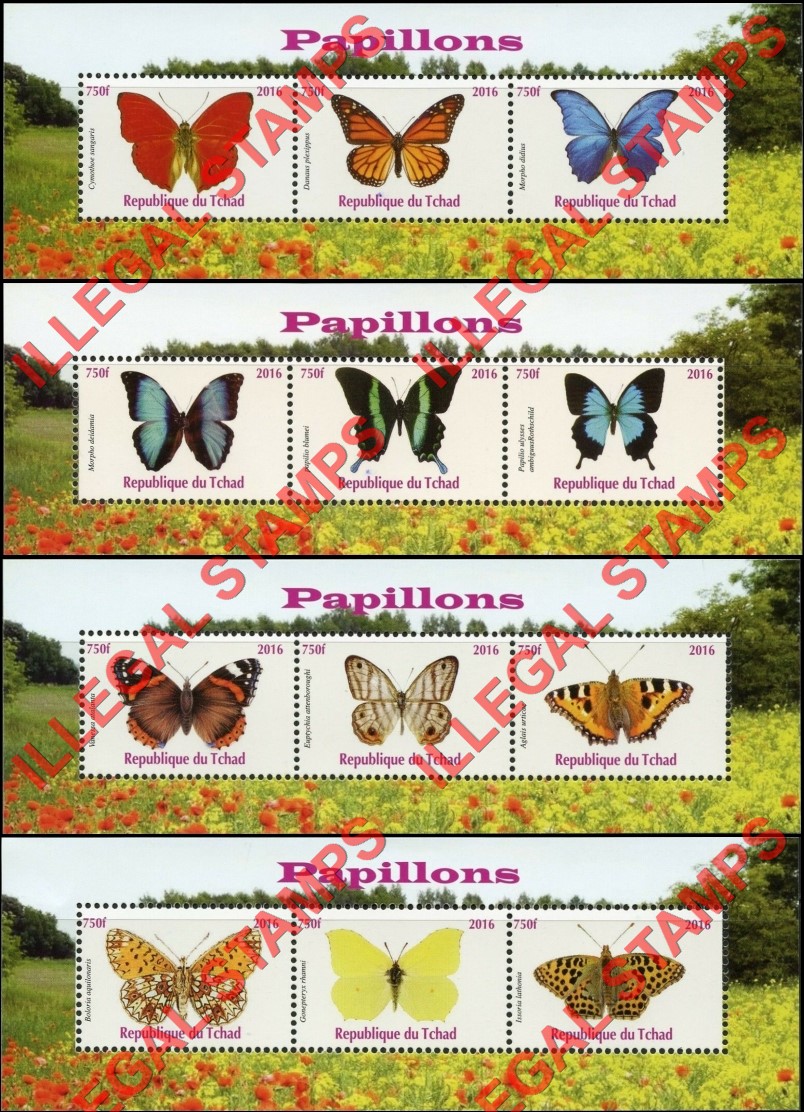 Chad 2016 Butterflies Illegal Stamps in Souvenir Sheets of 3