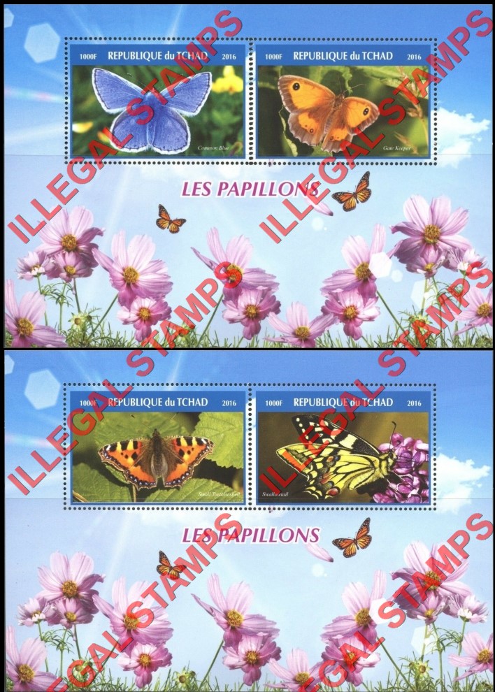 Chad 2016 Butterflies Illegal Stamps in Souvenir Sheets of 2