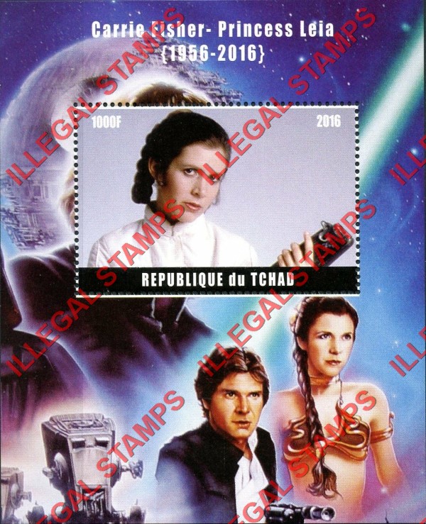 Chad 2016 Carrie Fisher Princess Leia Star Wars Illegal Stamps in Souvenir Sheet of 1