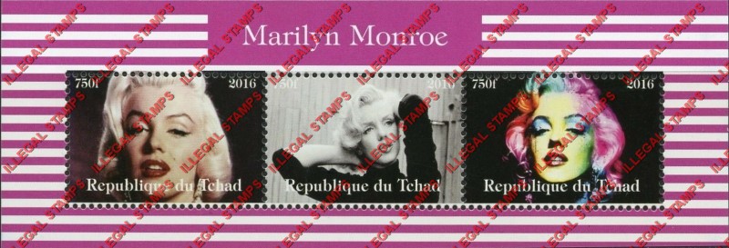 Chad 2016 Marilyn Monroe Illegal Stamps in Souvenir Sheet of 3