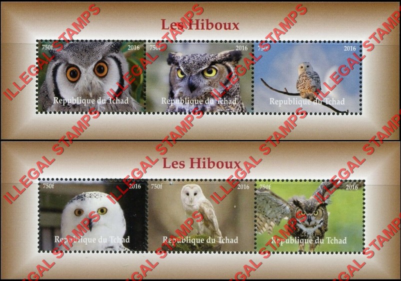 Chad 2016 Owls Illegal Stamps in Souvenir Sheets of 3
