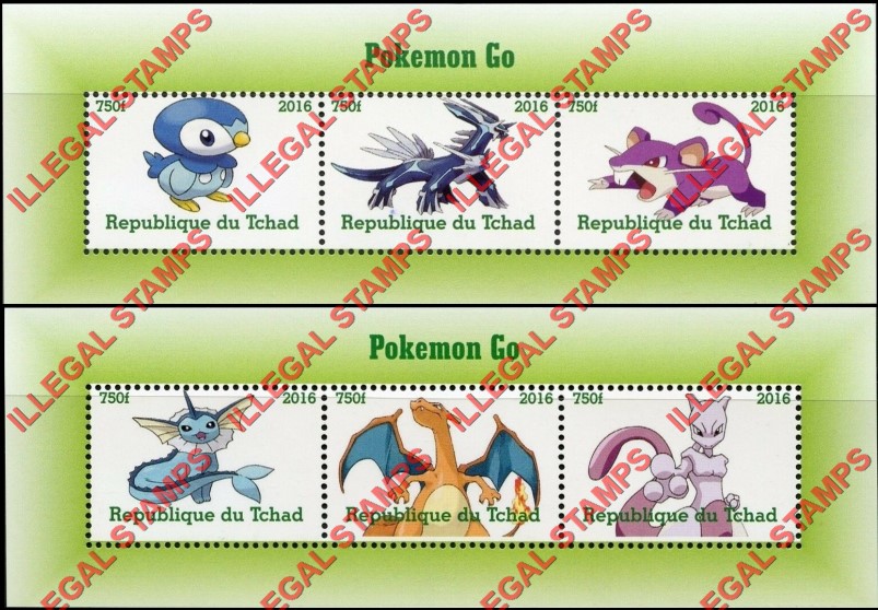 Chad 2016 Pokemon Go Illegal Stamps in Souvenir Sheets of 3