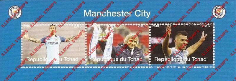 Chad 2016 Soccer Manchester City Illegal Stamps in Souvenir Sheet of 3