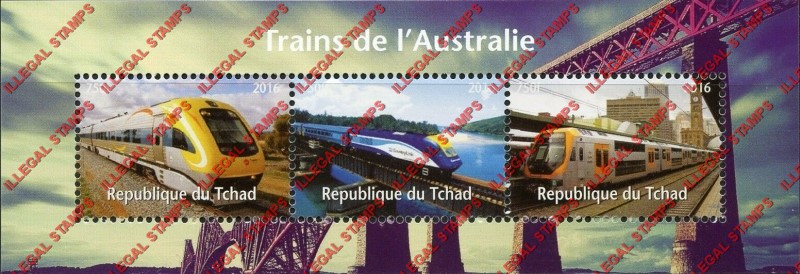 Chad 2016 Trains Australian Illegal Stamps in Souvenir Sheet of 3