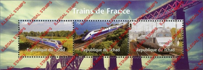 Chad 2016 Trains French Illegal Stamps in Souvenir Sheet of 3